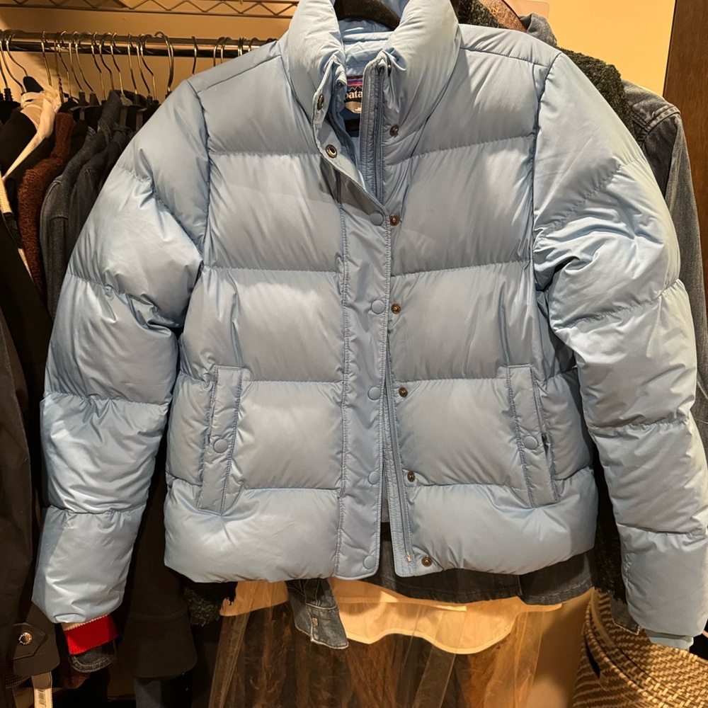 Patagonia Blue Puffer Jacket with Quilted Design and Stand-Up Collar